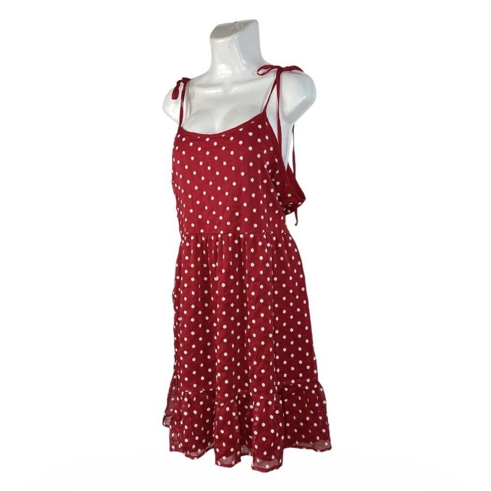 MIKAROSE Red White Daisy Mini Sundress XL Tie Shoulder Ruffles Cottagecore - Picture 2 of 12
